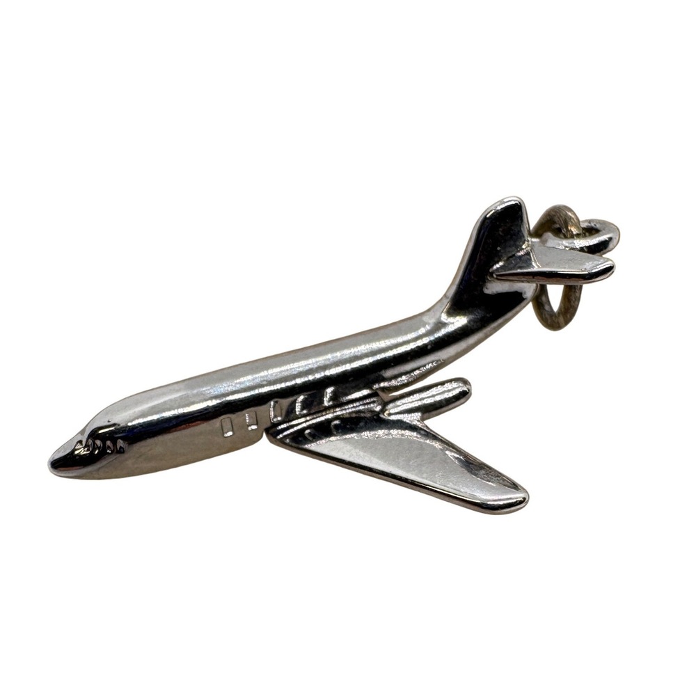 Vintage Sterling Silver Airplane Jet Charm Rhodium Plated Travel Pendant 3.59g